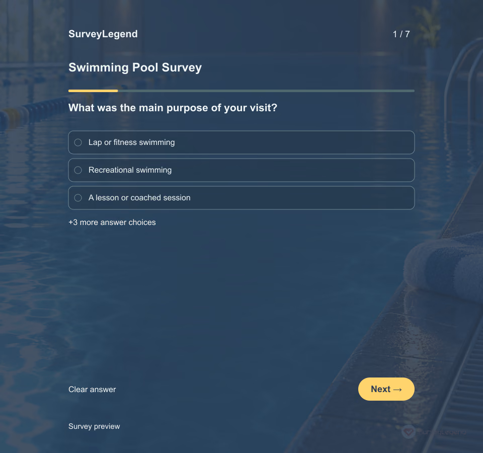 Preview of the Swimming Pool Survey Template showing its first question and answer choices