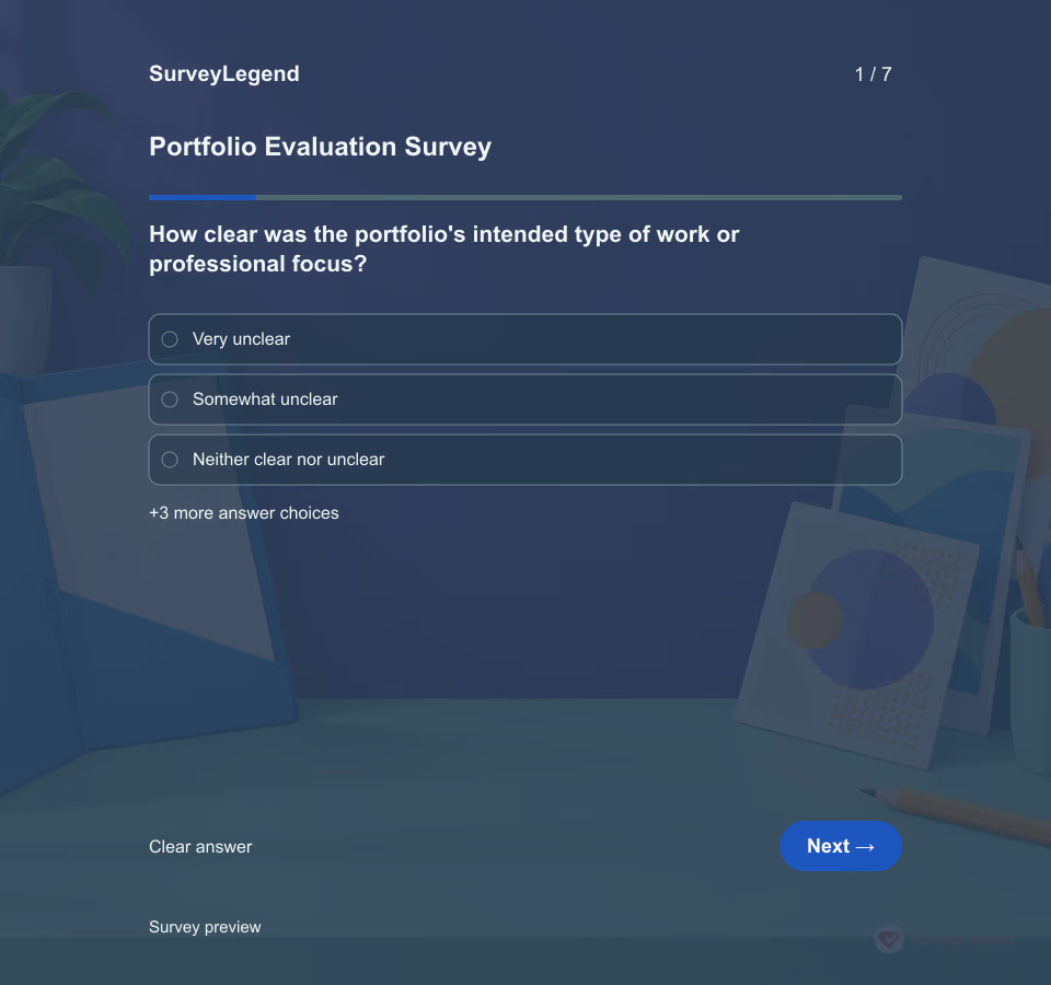 Preview of the Portfolio Evaluation Survey Template showing its first question and answer choices