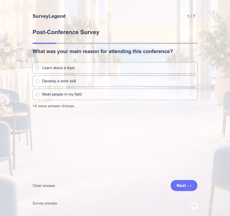 Preview of the Post-Conference Survey Template showing its first question and answer choices