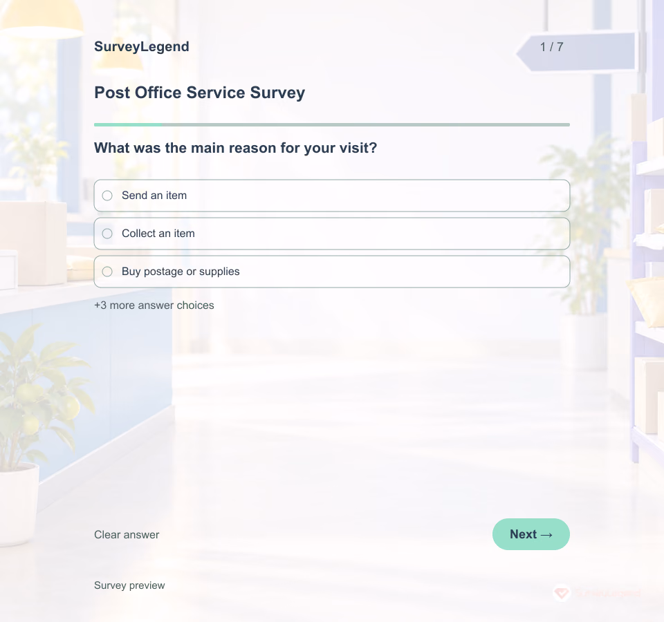 Preview of the Post Office Service Survey Template showing its first question and answer choices