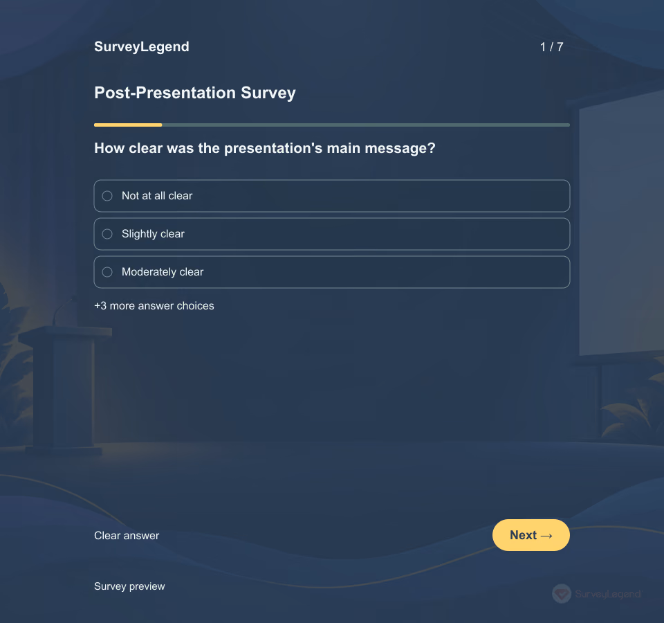 Preview of the Post-Presentation Survey Template showing its first question and answer choices