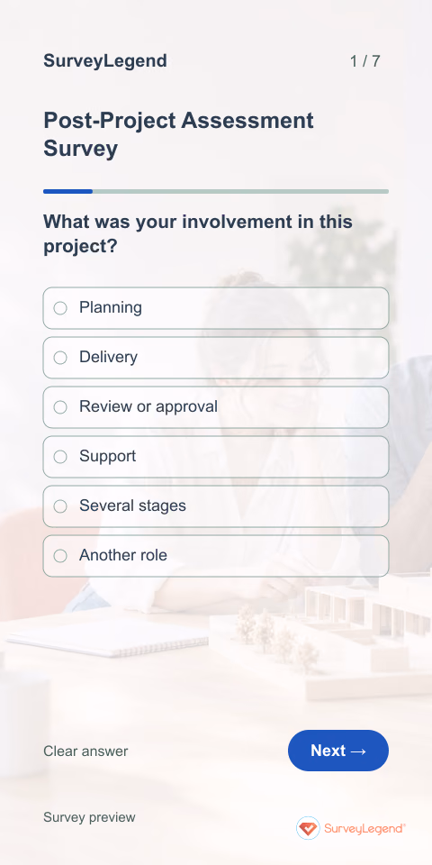 Post-Project Assessment Survey: first question and response field, mobile preview