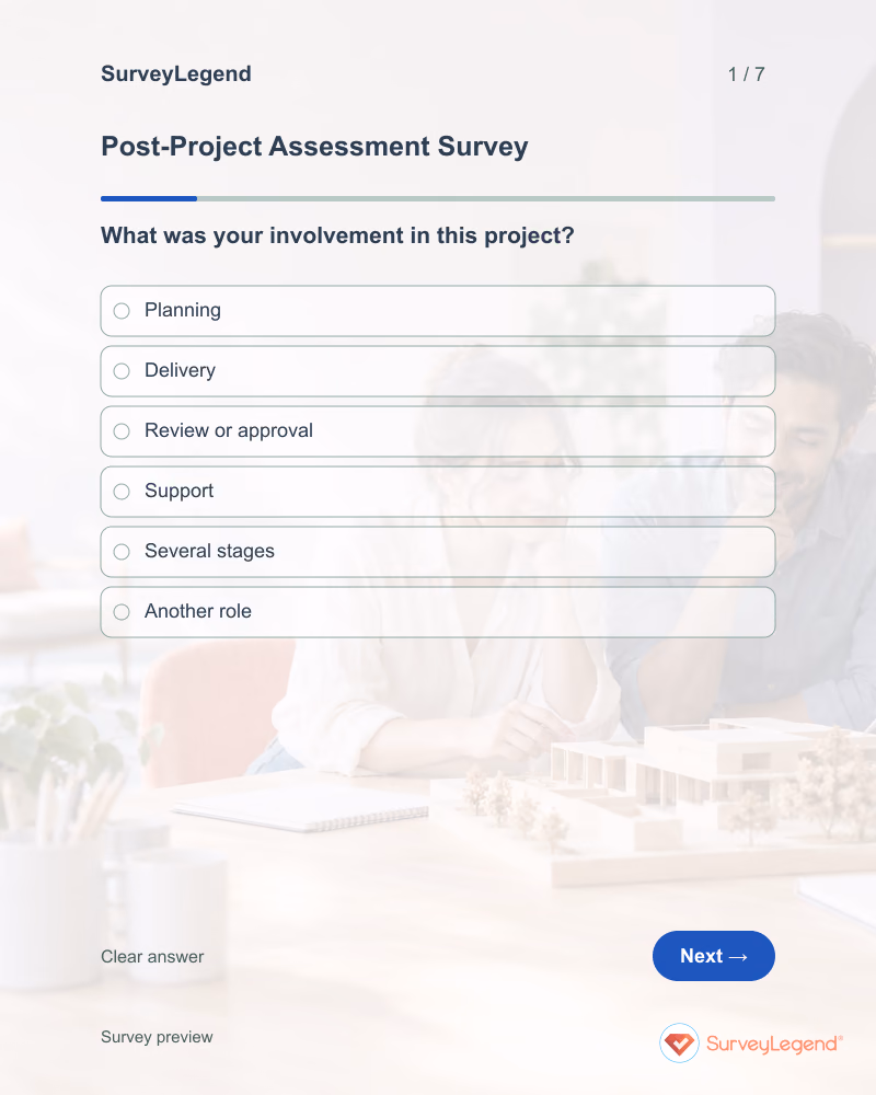 Post-Project Assessment Survey: first question and response field, tablet preview