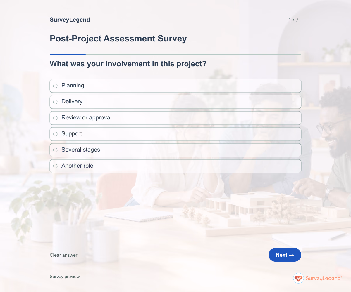 Preview of the Post-Project Assessment Survey demo showing its first question and answer choices