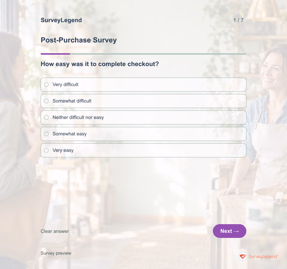 Preview of the Post-Purchase Survey Template demo showing its first question and answer choices
