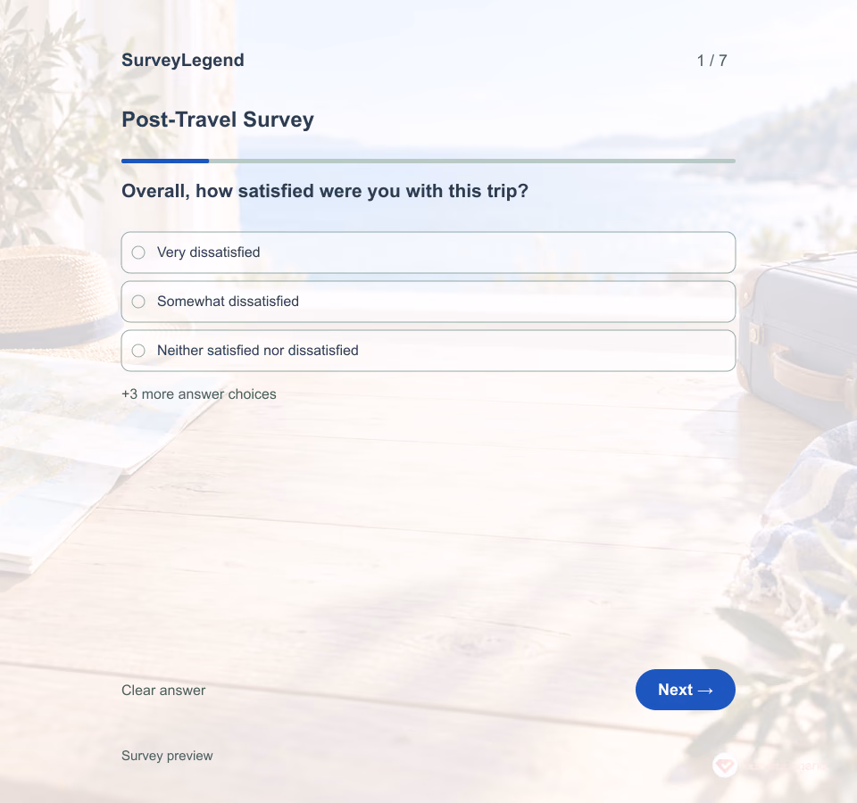 Preview of the Post-Travel Survey Template showing its first question and answer choices