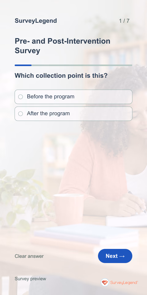 Pre- and Post-Intervention Survey: first question and response field, mobile preview