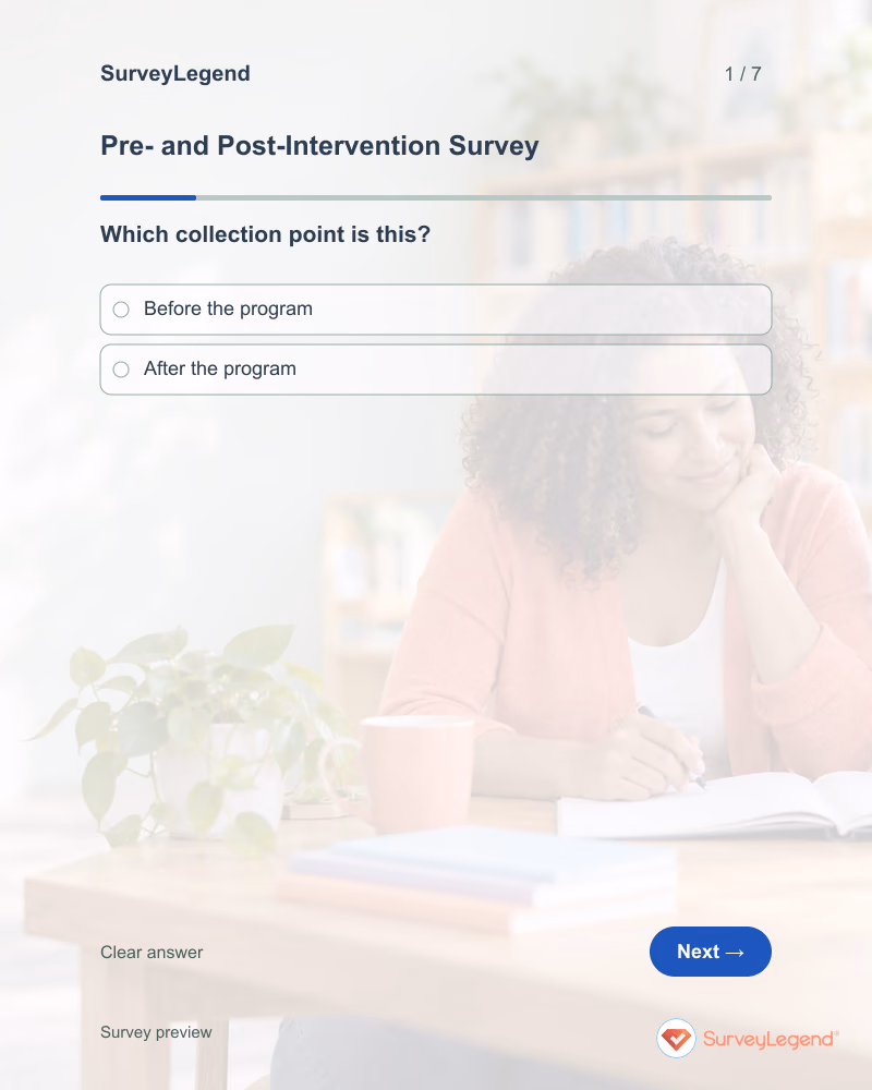 Pre- and Post-Intervention Survey: first question and response field, tablet preview