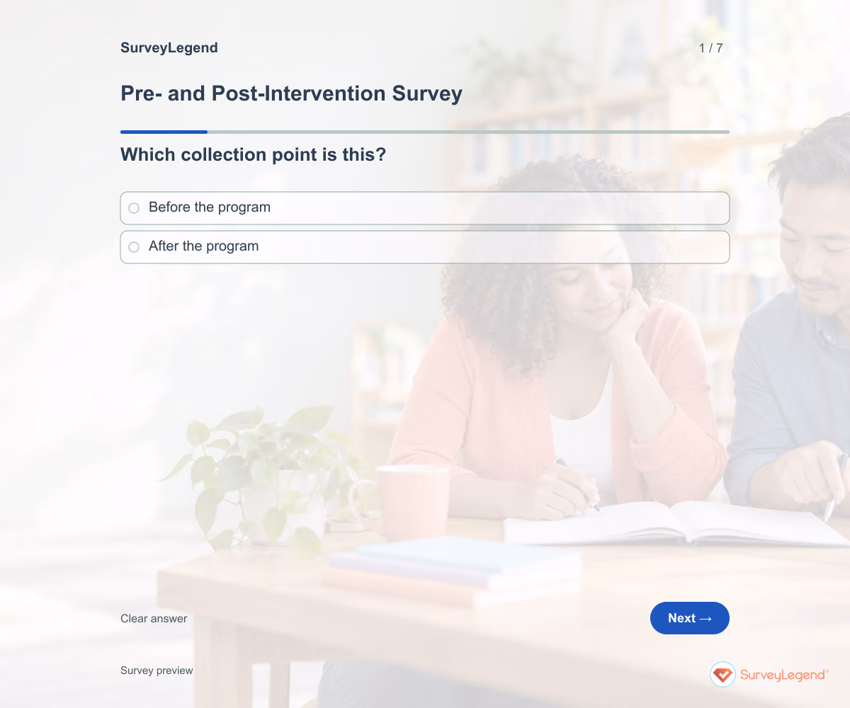 Preview of the Pre- and Post-Intervention Survey demo showing its first question and answer choices