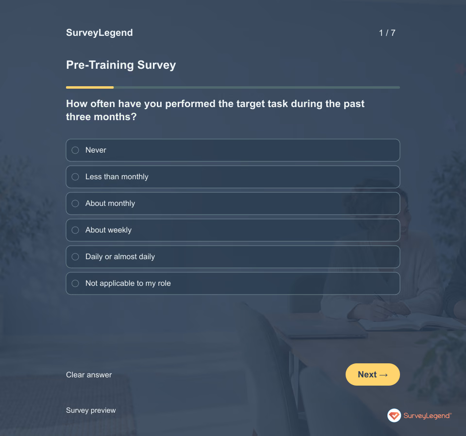 Preview of the Pre-Training Survey Template demo showing its first question and answer choices
