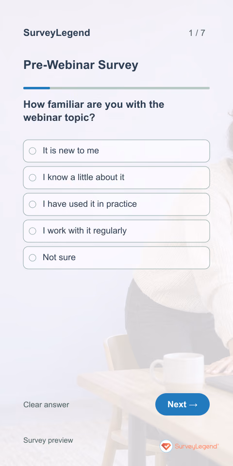 Pre-Webinar Survey: first question and response field, mobile preview