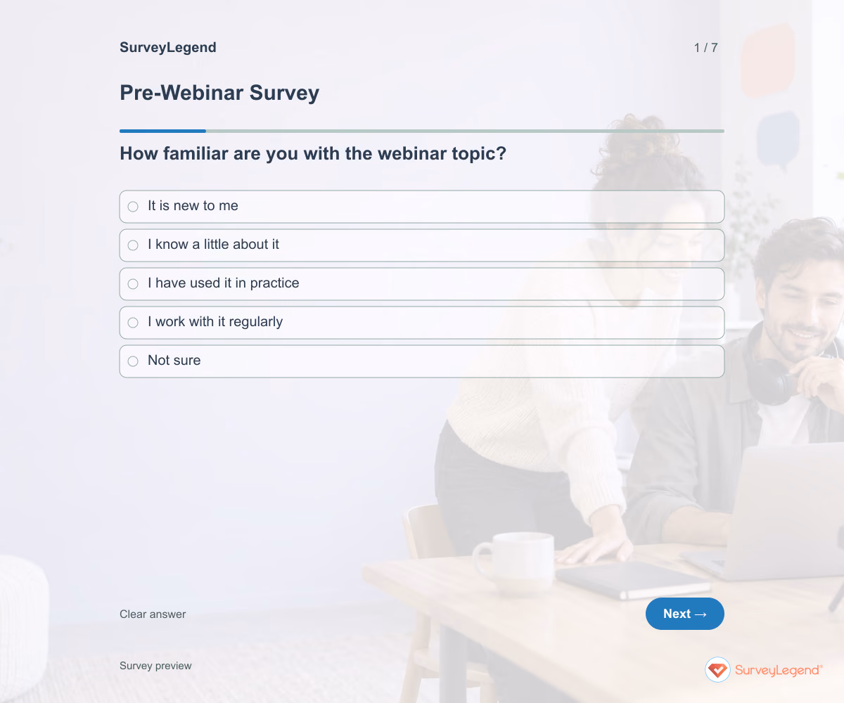 Preview of the Pre-Webinar Survey demo showing its first question and answer choices