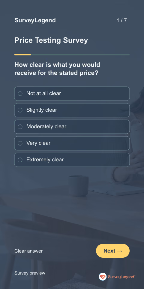 Price Testing Survey: first question and response field, mobile preview