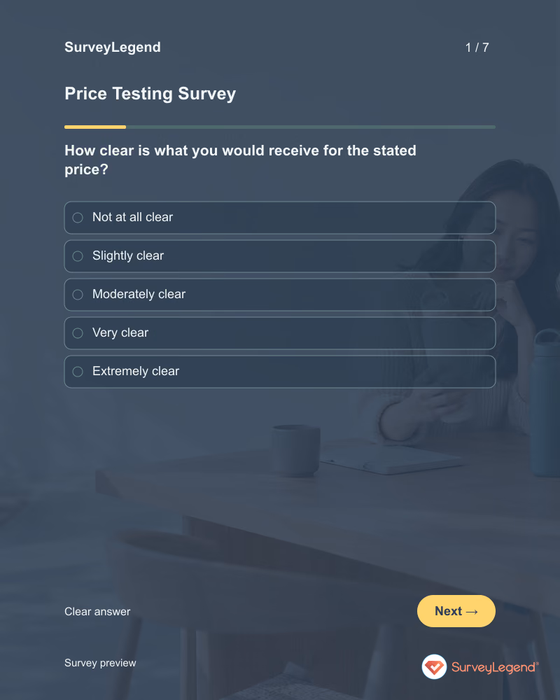 Price Testing Survey: first question and response field, tablet preview
