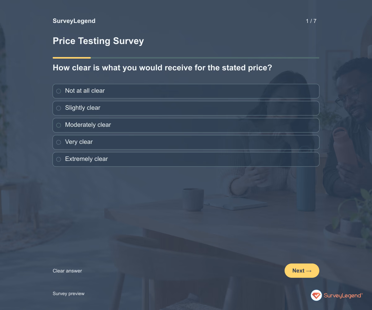 Preview of the Price Testing Survey demo showing its first question and answer choices