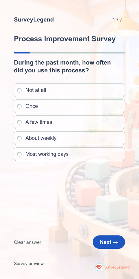 Process Improvement Survey: first question and response field, mobile preview