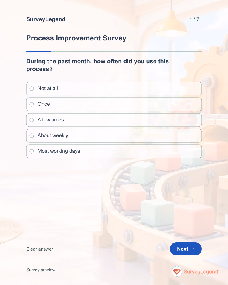 Process Improvement Survey: first question and response field, tablet preview