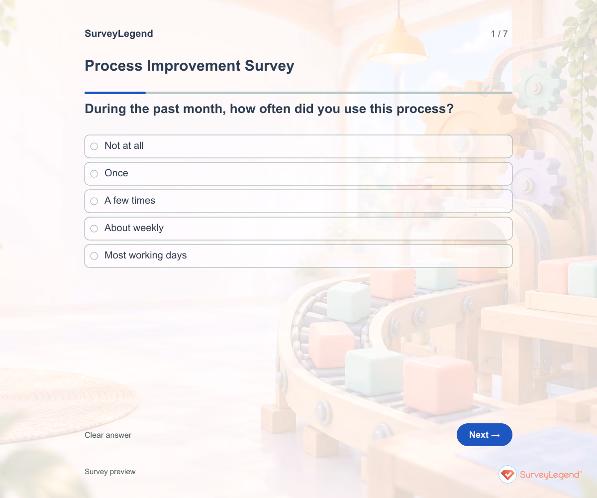 Preview of the Process Improvement Survey demo showing its first question and answer choices