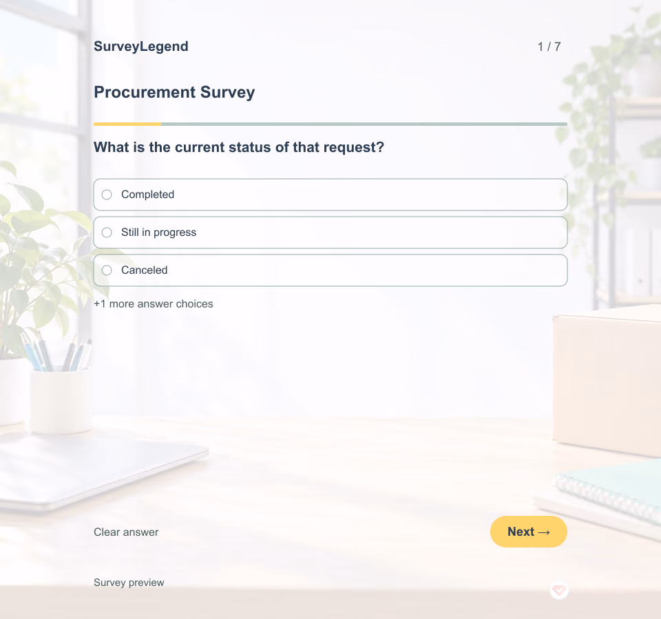 Preview of the Procurement Survey Template showing its first question and answer choices