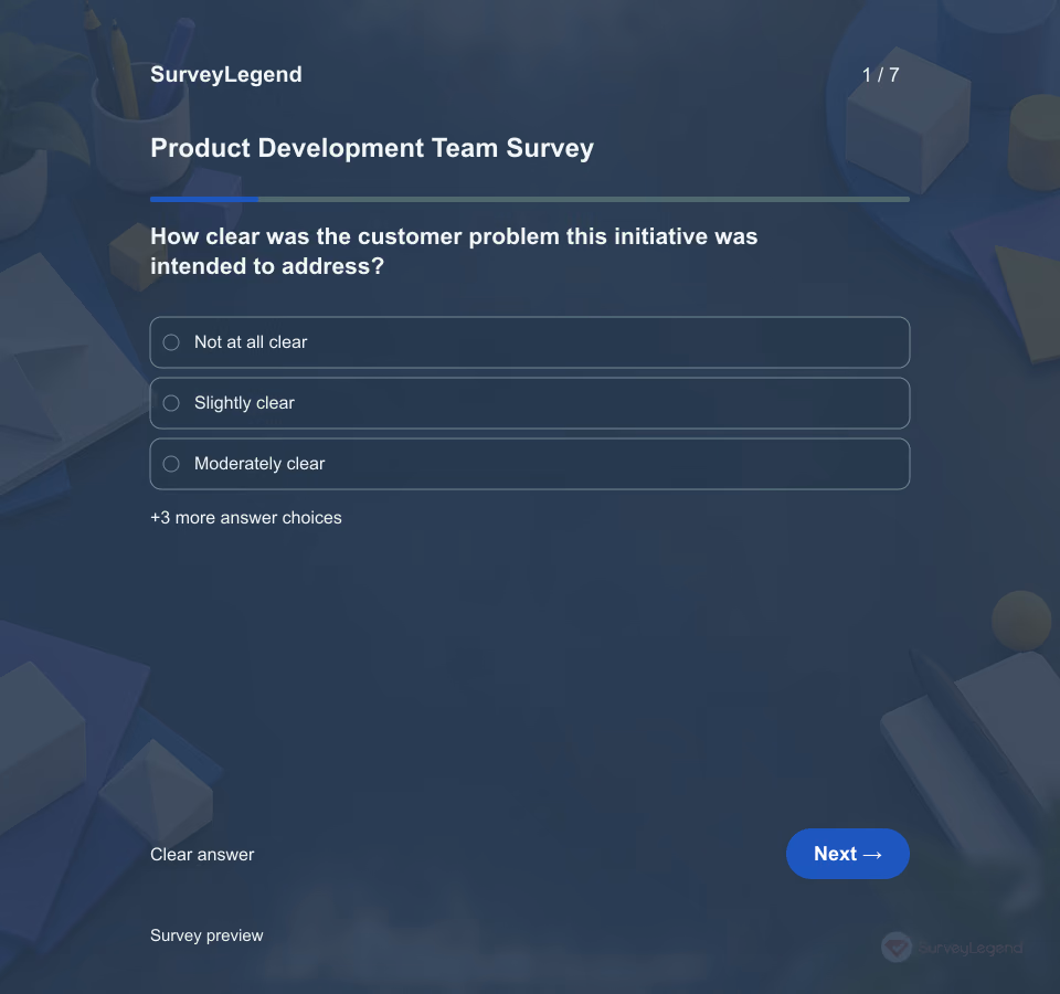 Preview of the Product Development Team Survey Template showing its first question and answer choices