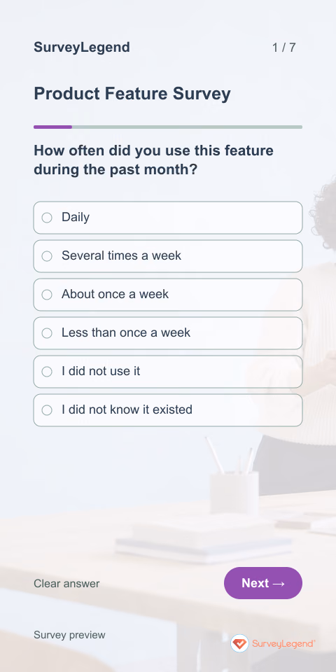 Product Feature Survey: first question and response field, mobile preview