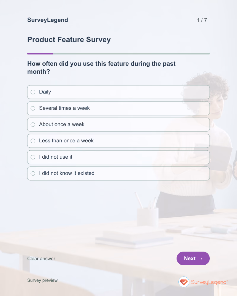 Product Feature Survey: first question and response field, tablet preview