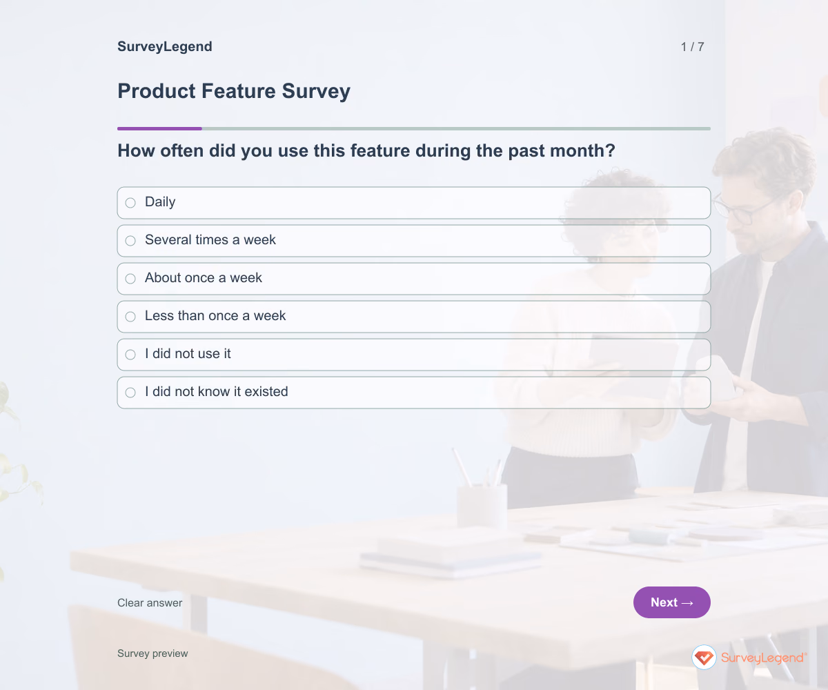 Preview of the Product Feature Survey demo showing its first question and answer choices