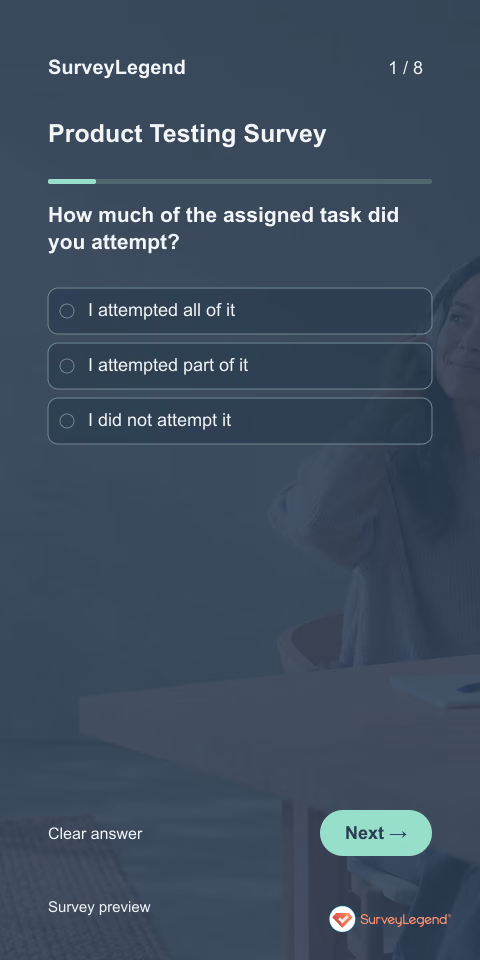 Product Testing Survey: first question and response field, mobile preview