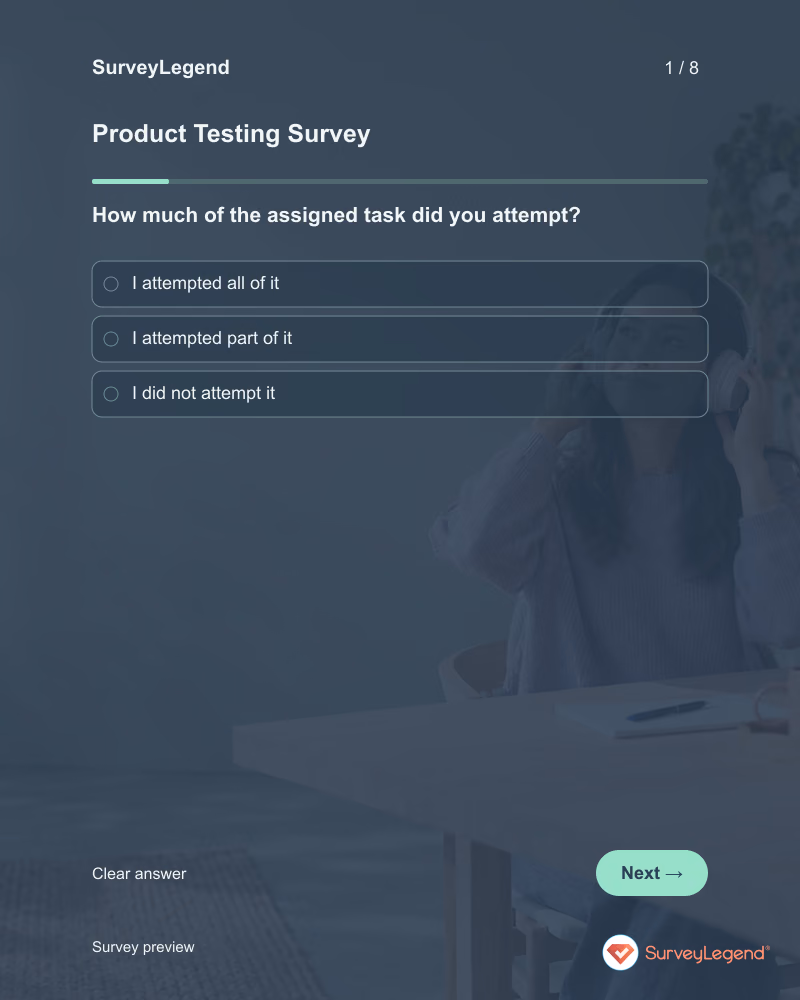 Product Testing Survey: first question and response field, tablet preview
