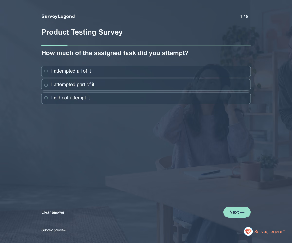 Preview of the Product Testing Survey demo showing its first question and answer choices