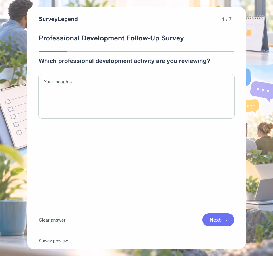 Preview of the Professional Development Follow-Up Survey Template showing its first question and answer choices