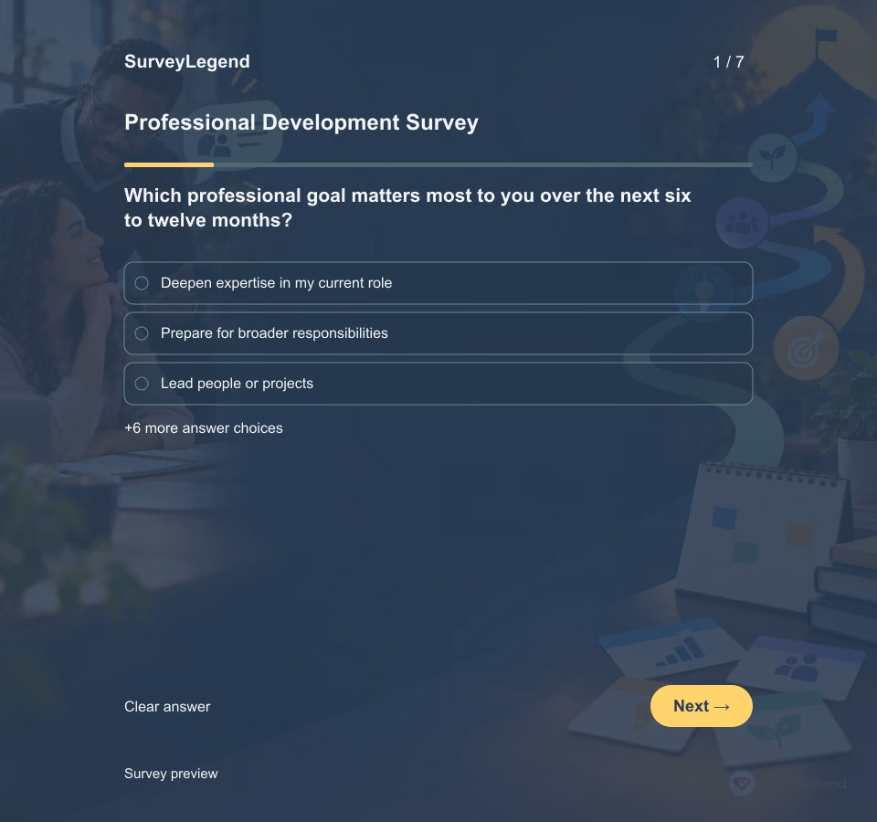 Preview of the Professional Development Survey Template showing its first question and answer choices