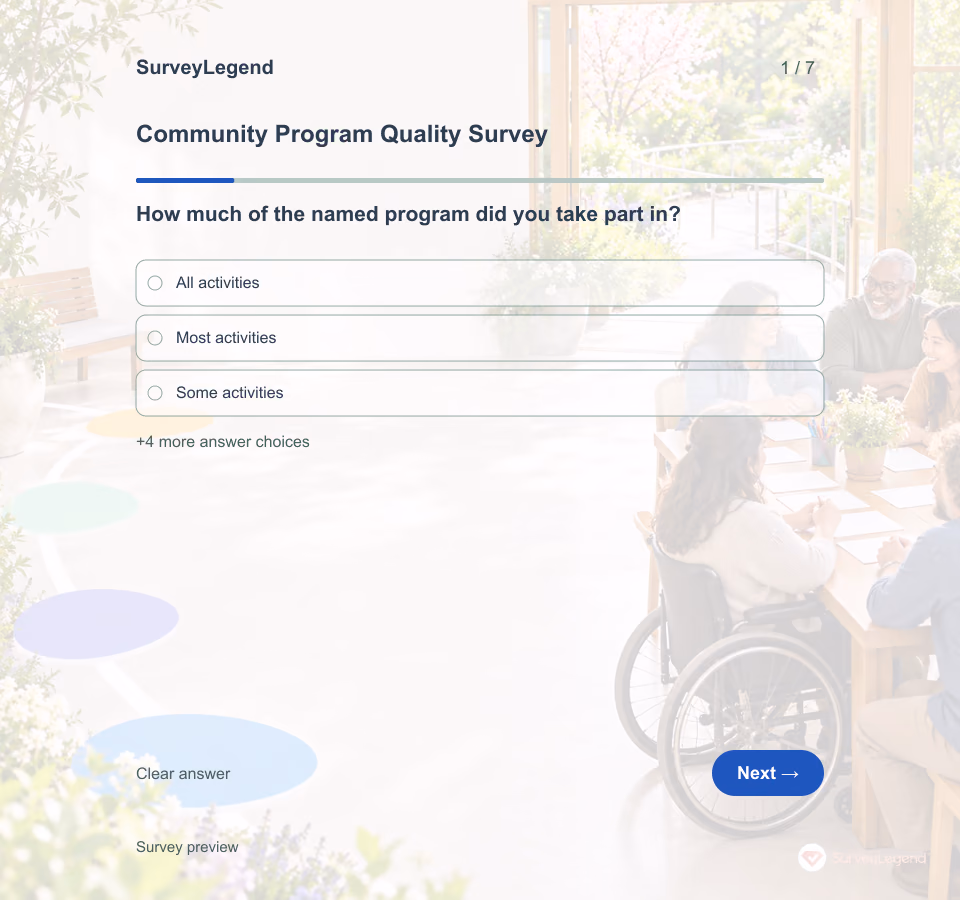 Preview of the Community Program Quality Survey Template showing its first question and answer choices