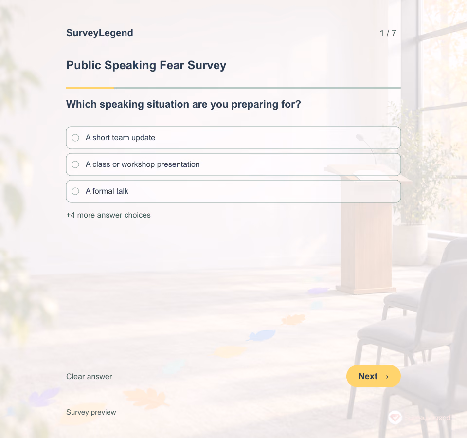 Preview of the Public Speaking Fear Survey Template showing its first question and answer choices