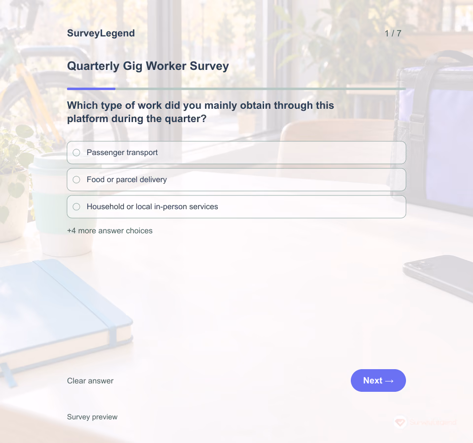 Preview of the Quarterly Gig Worker Survey Template showing its first question and answer choices