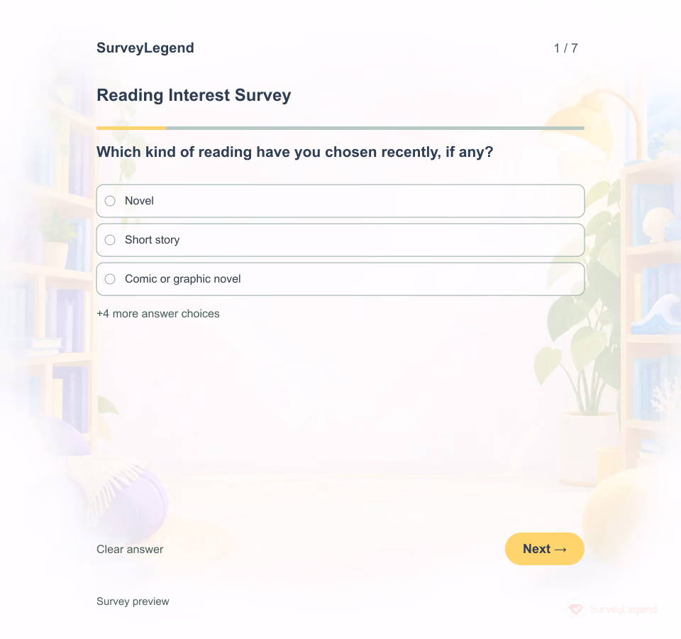 Preview of the Reading Interest Survey Template showing its first question and answer choices