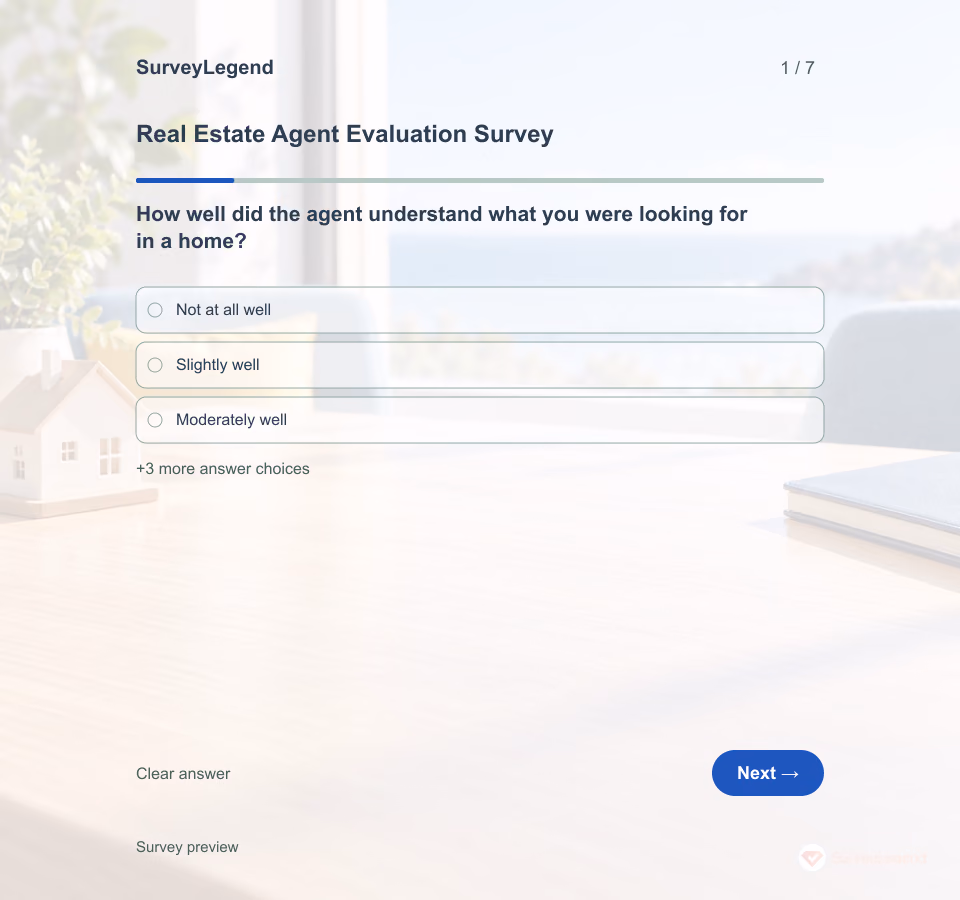 Preview of the Real Estate Agent Evaluation Survey Template showing its first question and answer choices