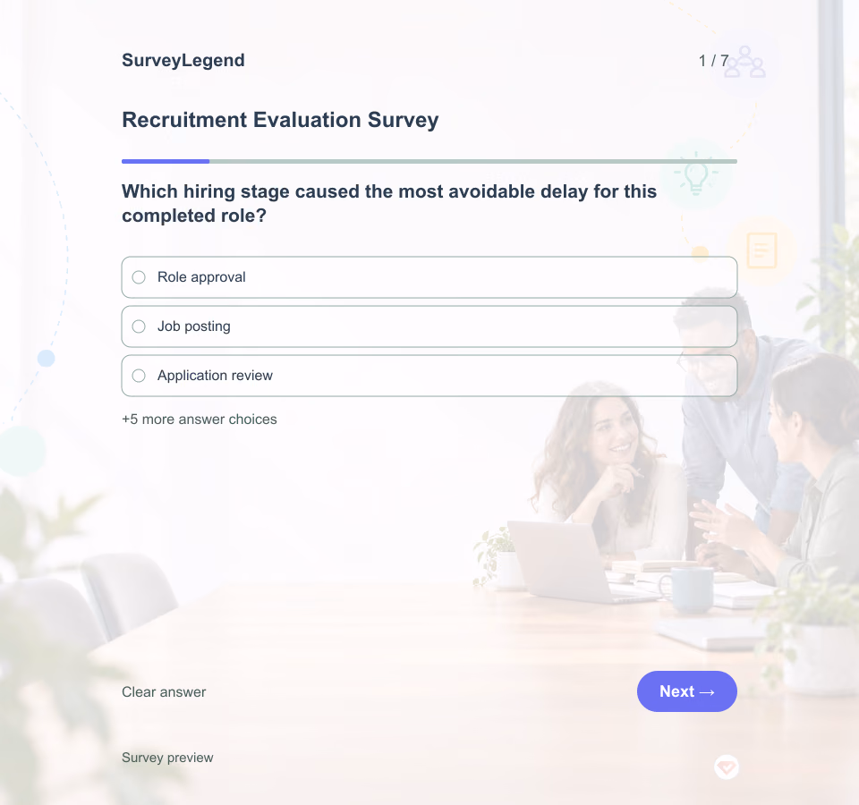 Preview of the Recruitment Evaluation Survey Template showing its first question and answer choices