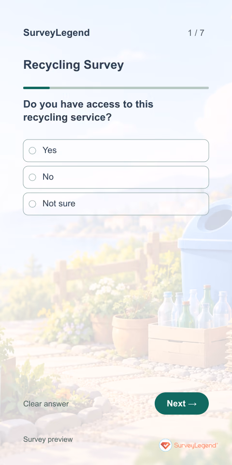 Recycling Survey: first question and response field, mobile preview