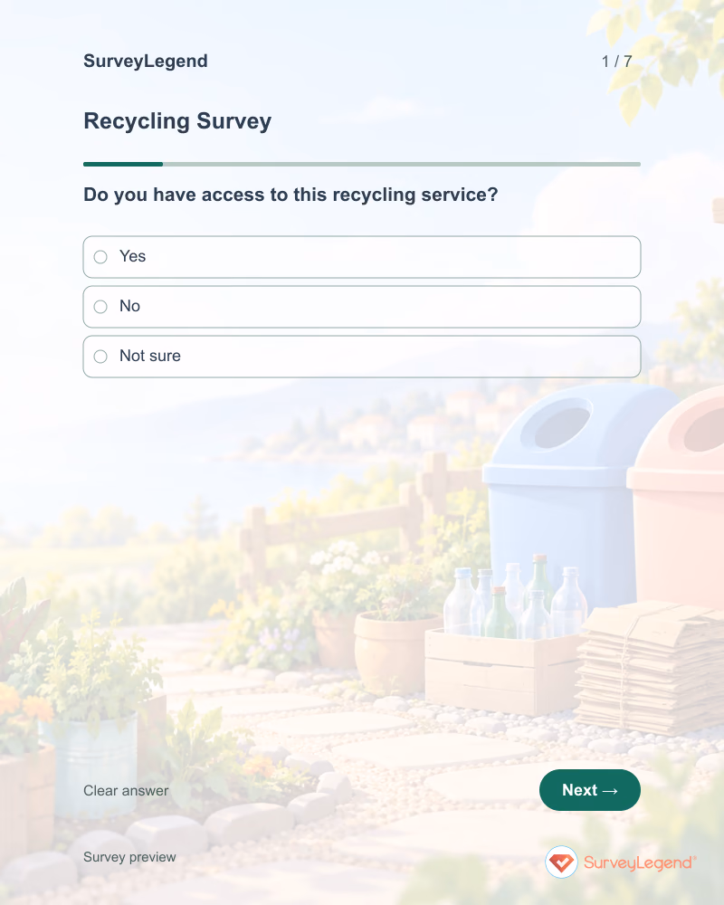 Recycling Survey: first question and response field, tablet preview