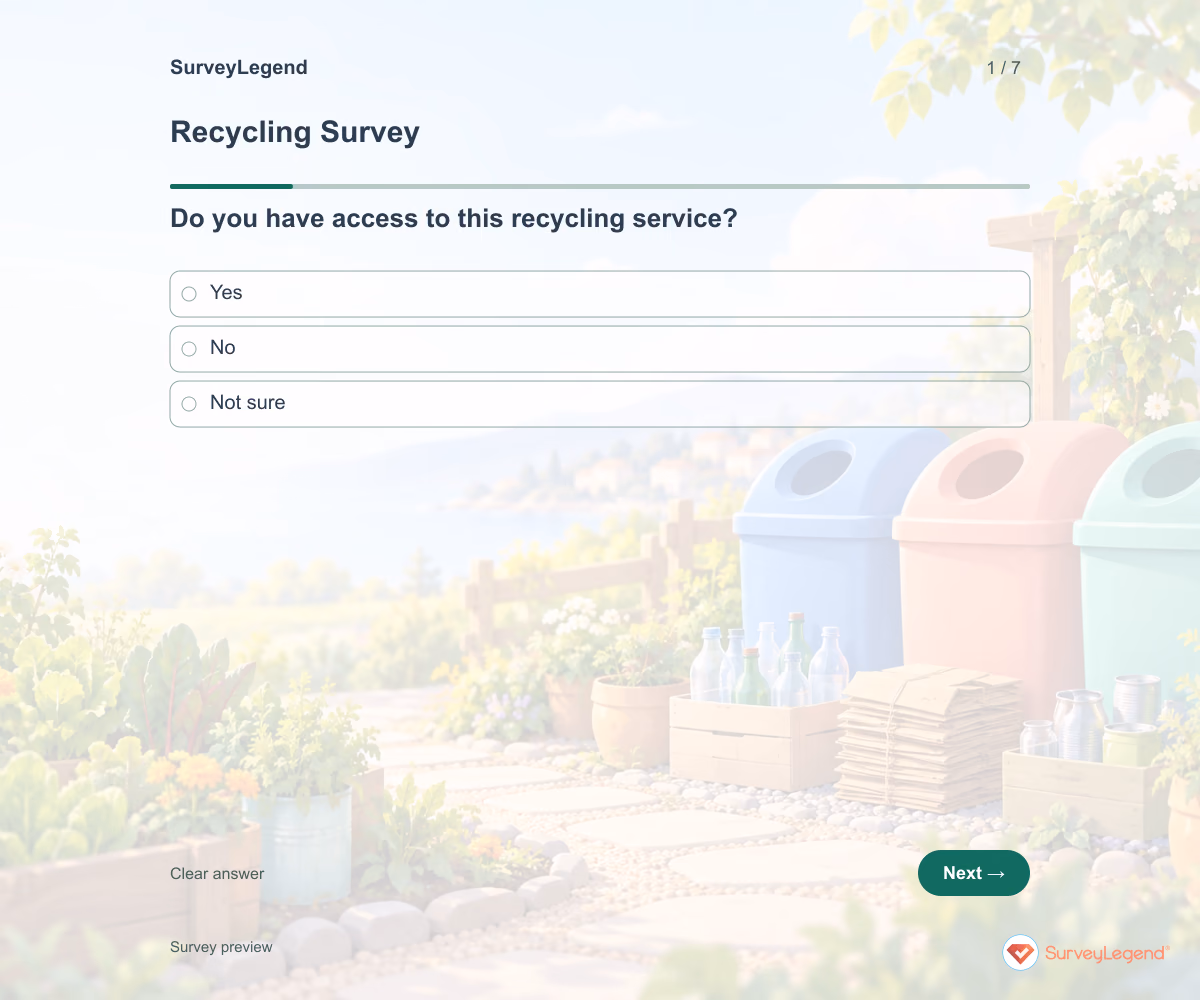 Preview of the Recycling Survey demo showing its first question and answer choices