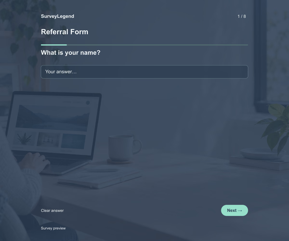 Preview of the Referral Form demo showing its first question and response field