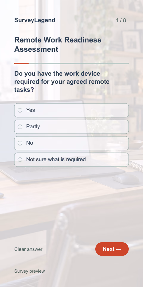 Remote Work Readiness Assessment: first question and response field, mobile preview