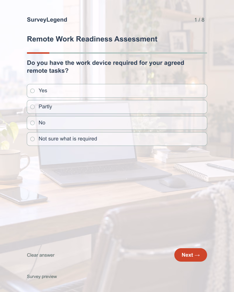 Remote Work Readiness Assessment: first question and response field, tablet preview