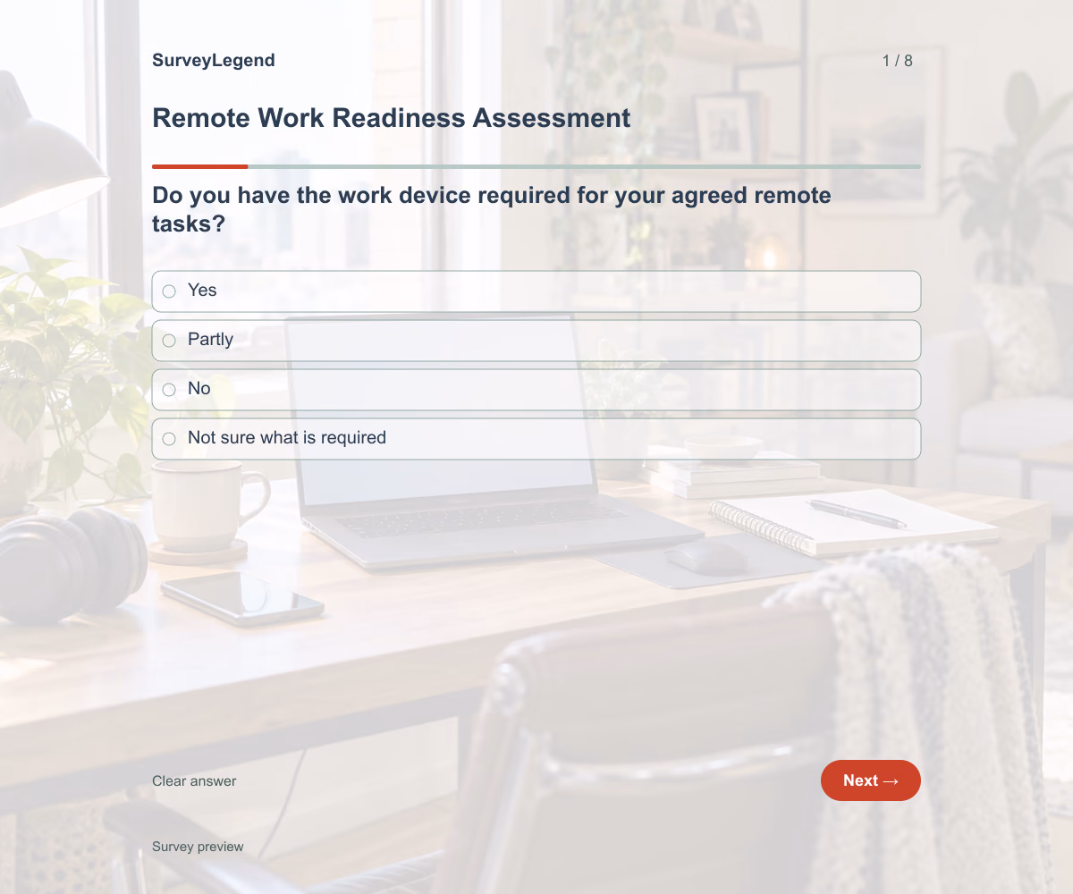 Preview of the Remote Work Readiness Assessment demo showing its first question and response field