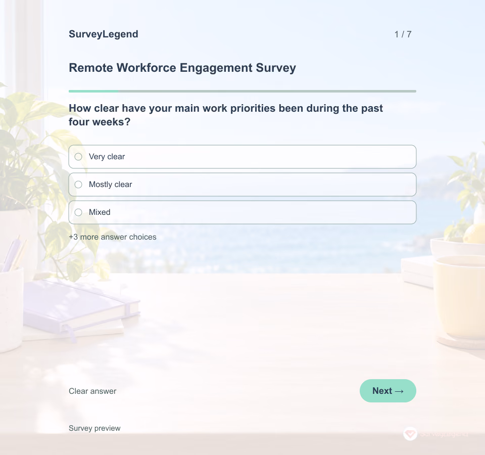 Preview of the Remote Workforce Engagement Survey Template showing its first question and answer choices