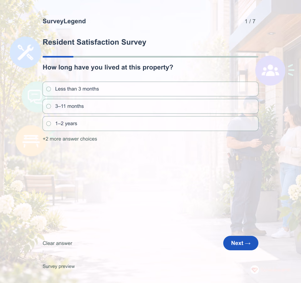 Preview of the Resident Satisfaction Survey Template showing its first question and answer choices