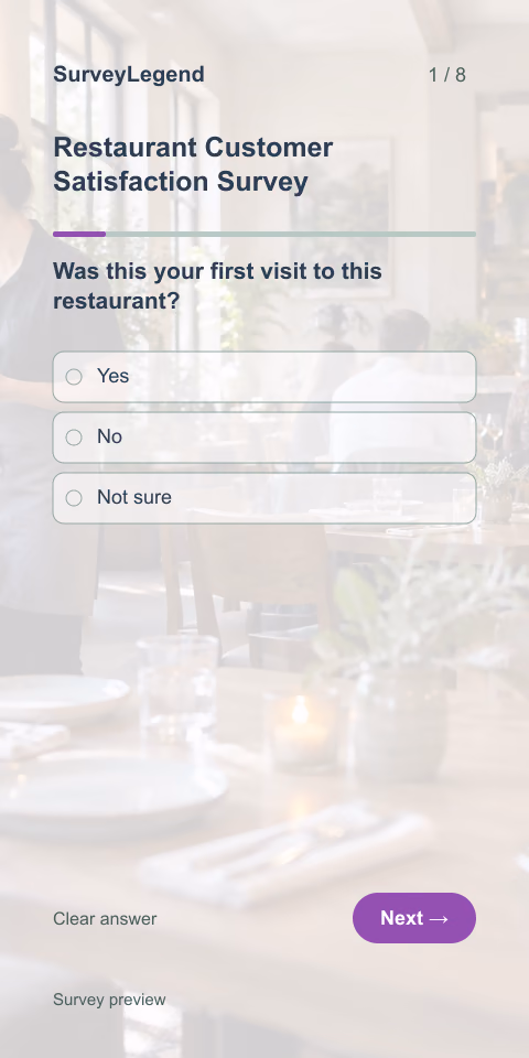 Restaurant Customer Satisfaction Survey: first question and response field, mobile preview