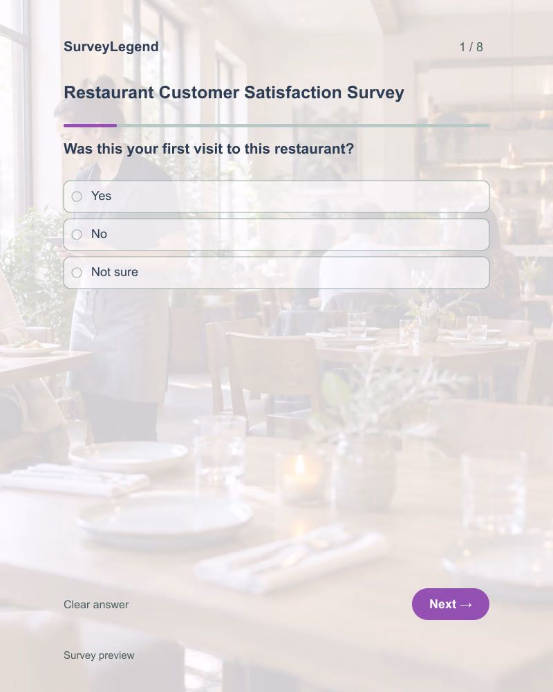 Restaurant Customer Satisfaction Survey: first question and response field, tablet preview
