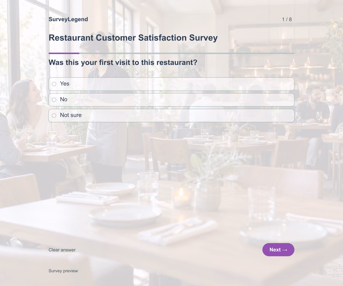 Preview of the Restaurant Customer Satisfaction Survey demo showing its first question and response field